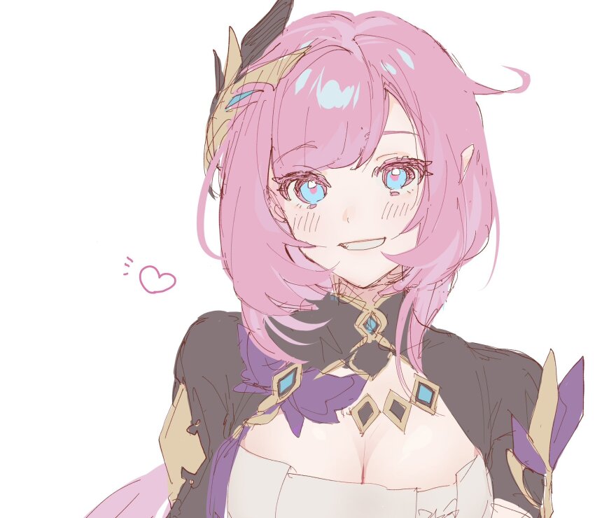 1girl, blue_eyes, blush, breasts, cleavage, commentary_request, elysia_(honkai_impact), grin