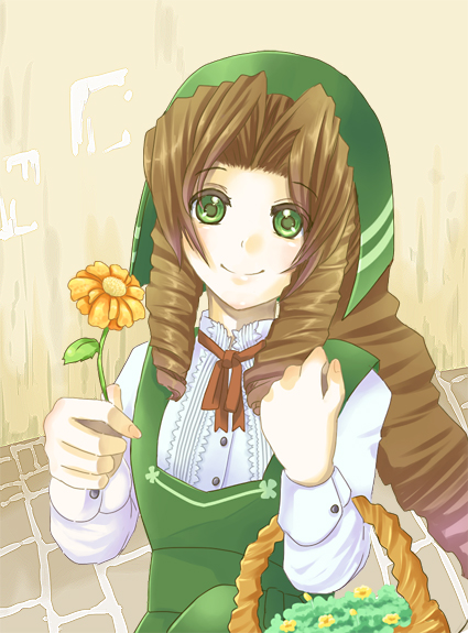 1990s_(style), 1girl, 2003204, aerith_gainsborough, basket, brown_hair, dress, female_focus