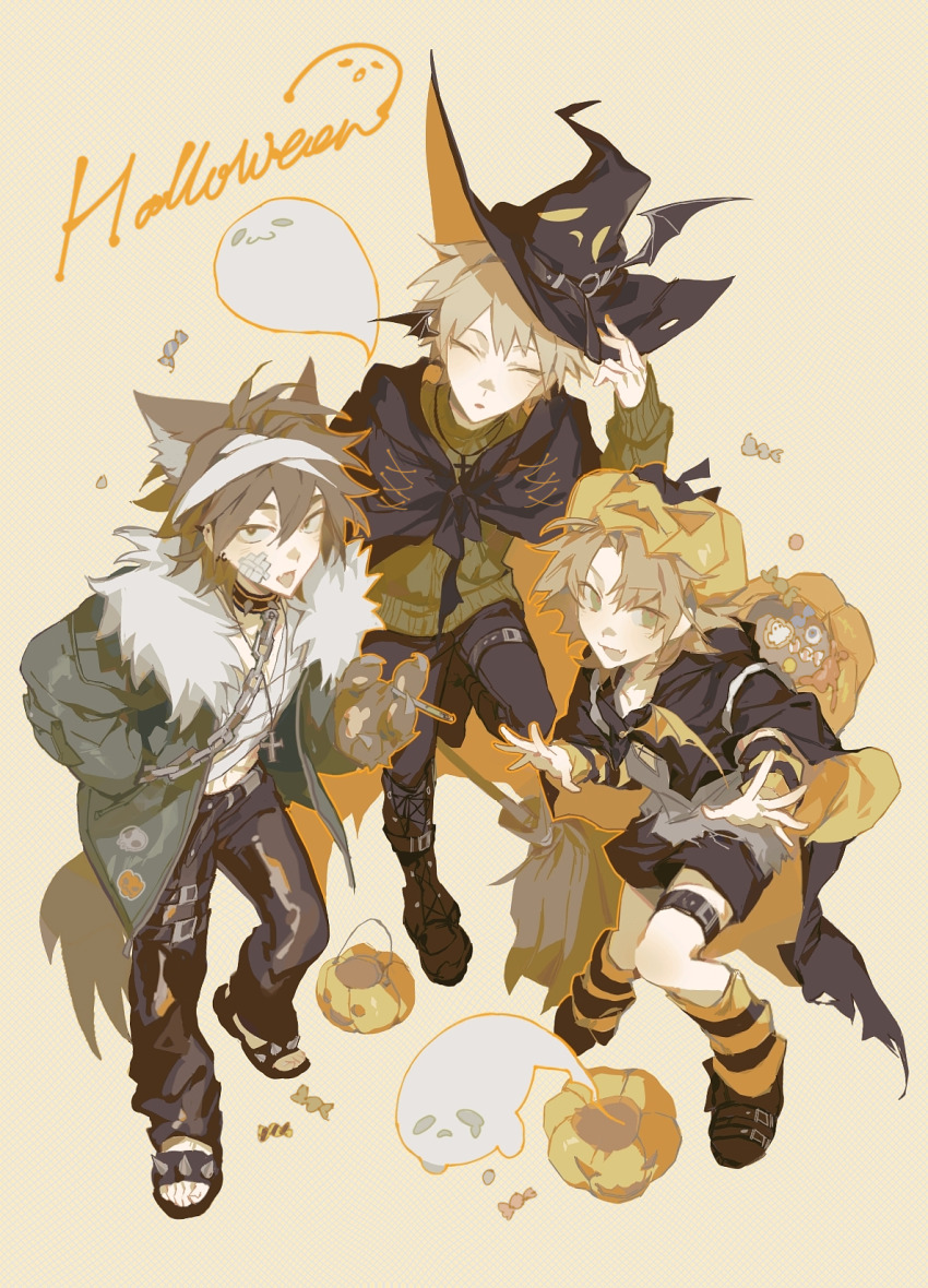 3boys, animal_ears, animal_hands, atou_haruki, bandage_on_face, bandaged_head, bandages, belt, black_belt, black_boots, black_cape, black_headwear, black_pants, black_sandals, black_shoes, black_shorts, blonde_hair, boots, candy, cape, chain, chest_sarashi, chinese_commentary, chuhaokuangbaozhanji, cigarette, closed_eyes, collar, commentary_request, earclip, fang, food, ghost, gloves, green_eyes, green_jacket, halloween, halloween_costume, hat, hat_belt, highres, holding, holding_cigarette, isoi_reiji, jacket, kemonomimi_mode, lace-up_boots, leg_belt, long_sleeves, male_focus, multiple_boys, open_clothes, open_jacket, open_mouth, pants, parted_bangs, paw_gloves, pumpkin_on_head, saibou_shinkyoku, sandals, sanpaku, sarashi, shinano_eiji, shoes, short_hair, shorts, simple_background, skin_fang, smile, socks, spiked_collar, spiked_footwear, spikes, striped_clothes, striped_socks, sweater, tail, thigh_belt, thigh_strap, tongue, tongue_out, winged_hat, witch_hat, wolf_boy, wolf_ears, wolf_tail, wrapped_candy, yellow_background, yellow_sweater