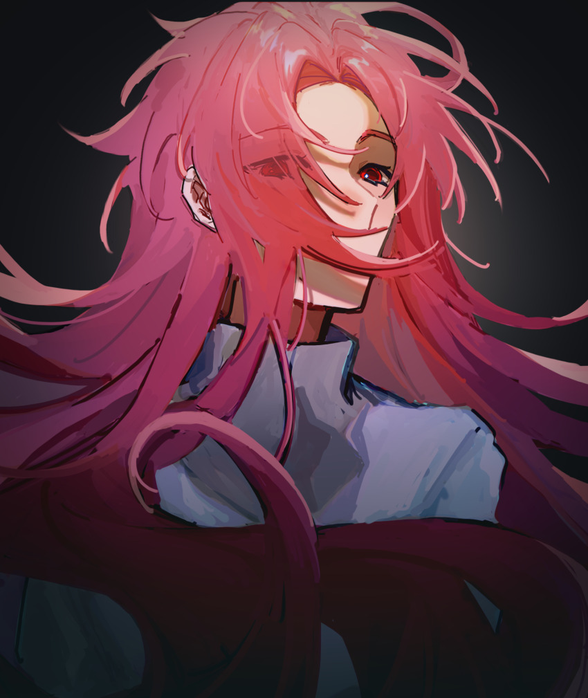 1boy, black_background, chinese_commentary, commentary_request, eyes_visible_through_hair, floating_hair, hair_over_mouth, hatsutori_hajime