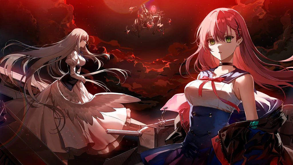 3girls, angel_wings, artist_request, azur_lane, black_hair, cannon, choker, green_eyes