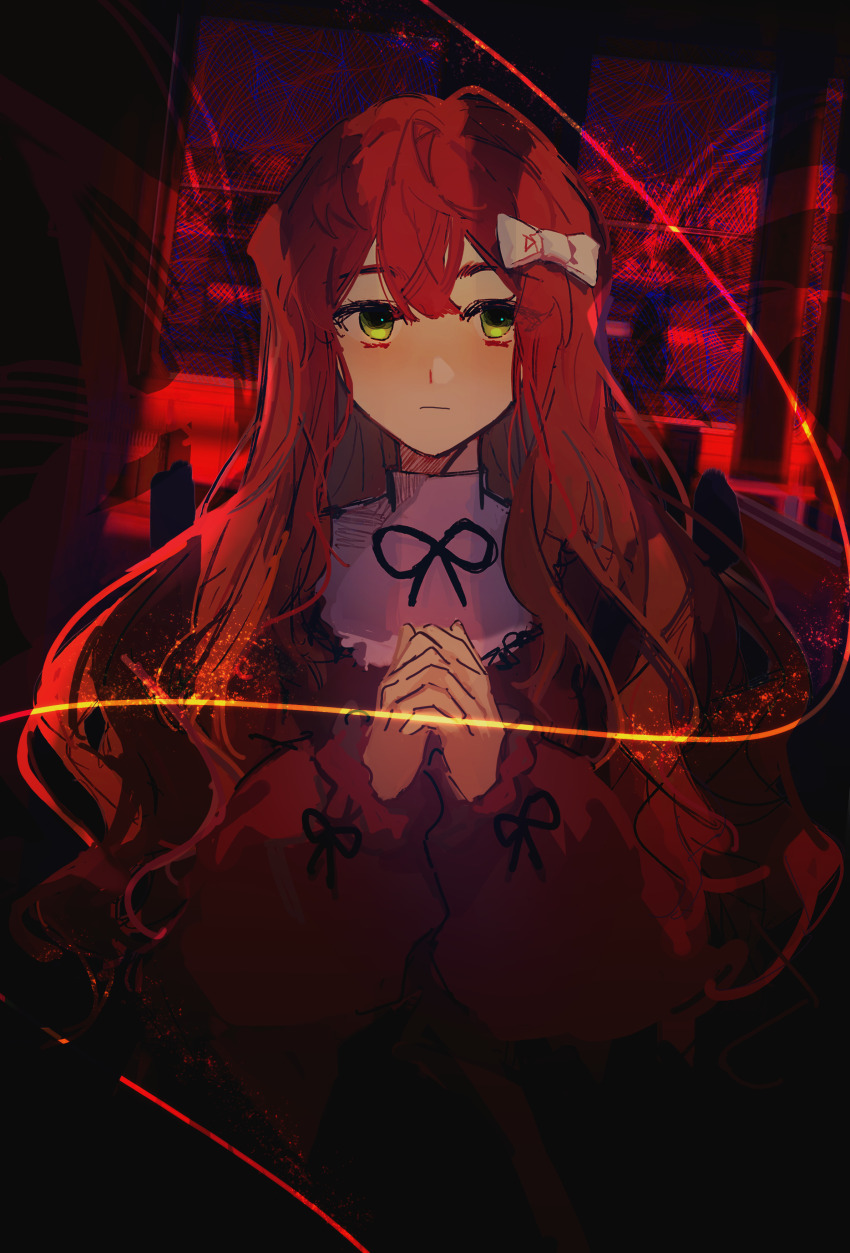 1girl, absurdres, black_ribbon, bow, brown_dress, closed_mouth, dress, expressionless, green_eyes, hair_bow, highres, jessica_(shilou_de_healer), long_hair, long_sleeves, looking_at_viewer, neck_ribbon, orange_hair, own_hands_together, ribbon, shilou_de_healer, sleeve_ribbon, solo, songlajihuijia, upper_body, white_bow