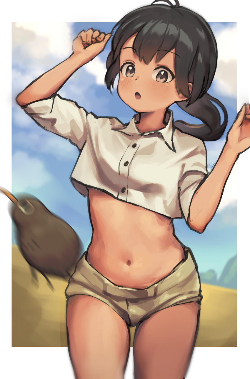1girl, :o, absurdres, animal, antenna_hair, arm_up, bird, black_hair, blue_sky, blush, border, brown_eyes, brown_shorts, buttons, cloud, commentary, cowboy_shot, crop_top, day, dress_shirt, driftingtiger, english_commentary, hand_up, highres, kiwi_(bird), looking_at_viewer, low_ponytail, luminous_witches, manaia_matawhaura_hato, midriff, motion_blur, navel, open_mouth, outside_border, photo-referenced, ponytail, shirt, short_shorts, short_sleeves, shorts, sidelocks, sky, stomach, thighs, white_border, white_shirt, world_witches_series