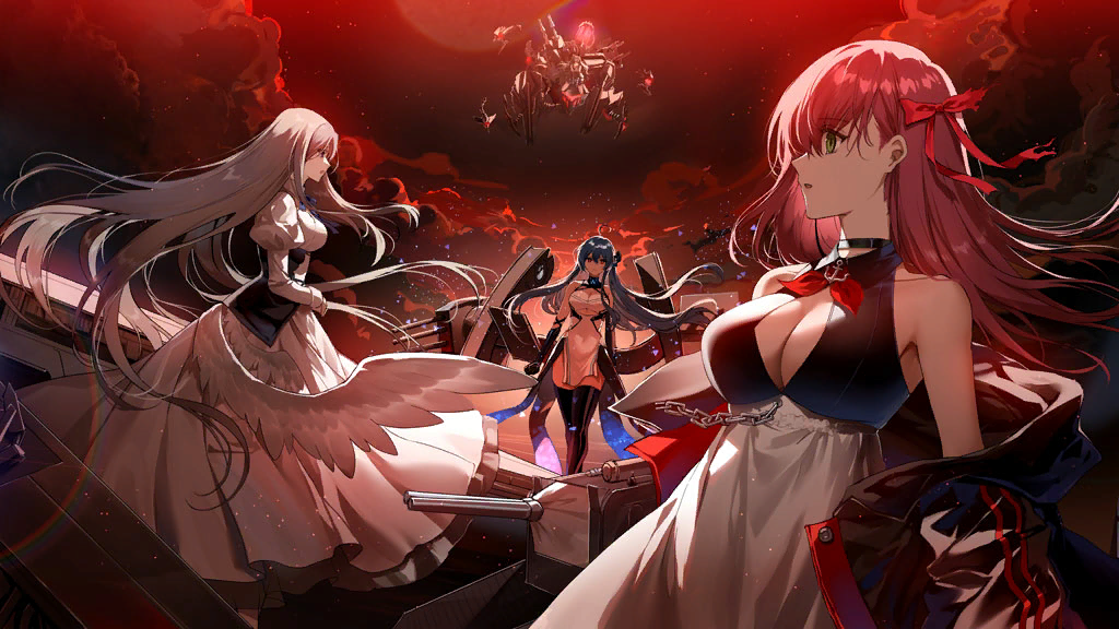 4girls, angel_wings, artist_request, azur_lane, black_hair, blue_hair, breasts, cannon