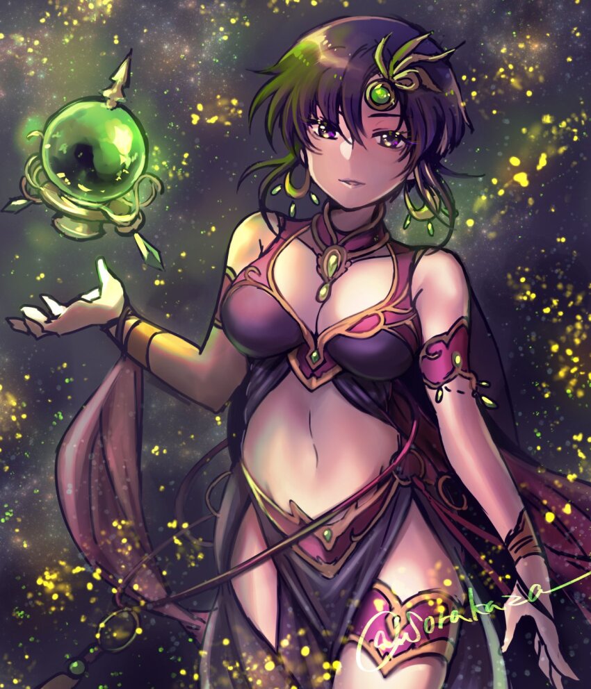 1girl, bare_shoulders, breasts, cape, cleavage, crystal_ball, fire_emblem, fire_emblem:_the_blazing_blade, fire_emblem_heroes, floating, floating_object, gold_trim, highres, large_breasts, looking_at_viewer, magic, midriff, navel, nintendo, official_alternate_costume, pelvic_curtain, purple_eyes, purple_hair, revealing_clothes, see-through_clothes, solo, sorakaza, thigh_strap, twitter_username, ursula_(fire_emblem), ursula_(khadein)_(fire_emblem)