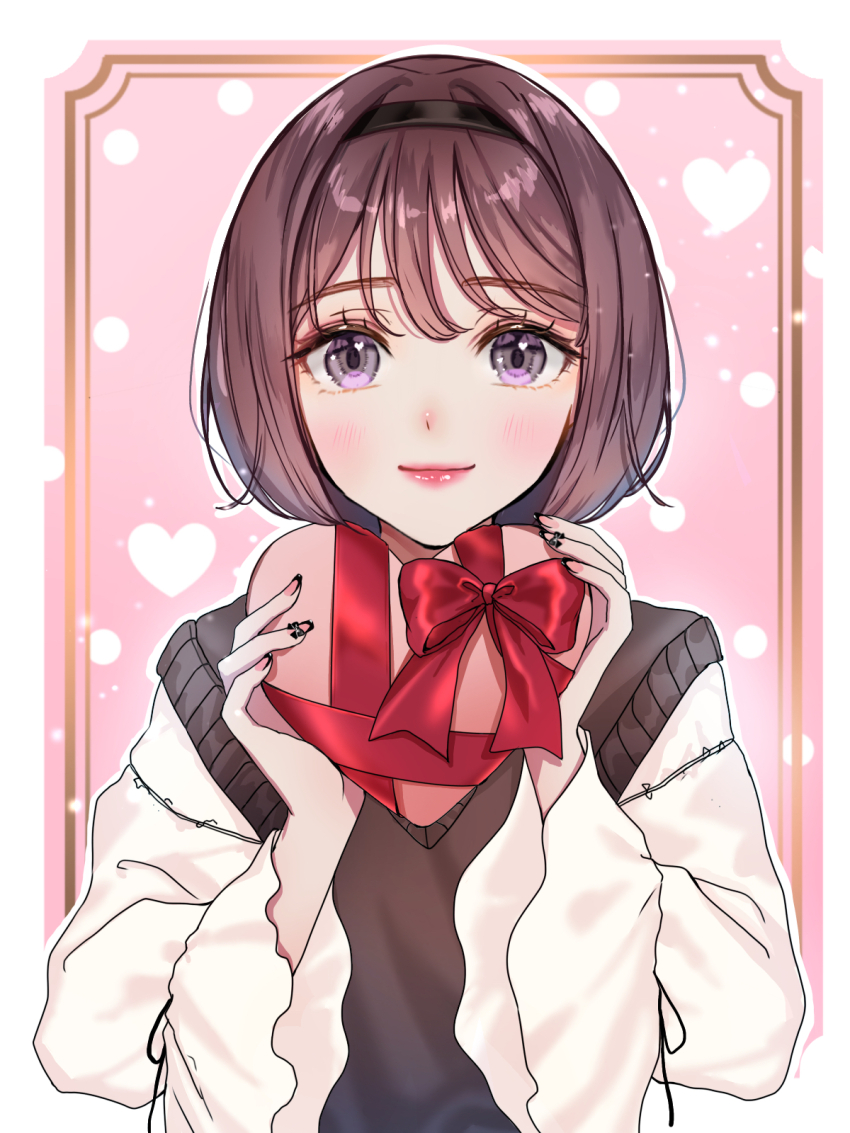 1girl, banirario, black_hairband, blush, bob_cut, box, brown_hair, gift