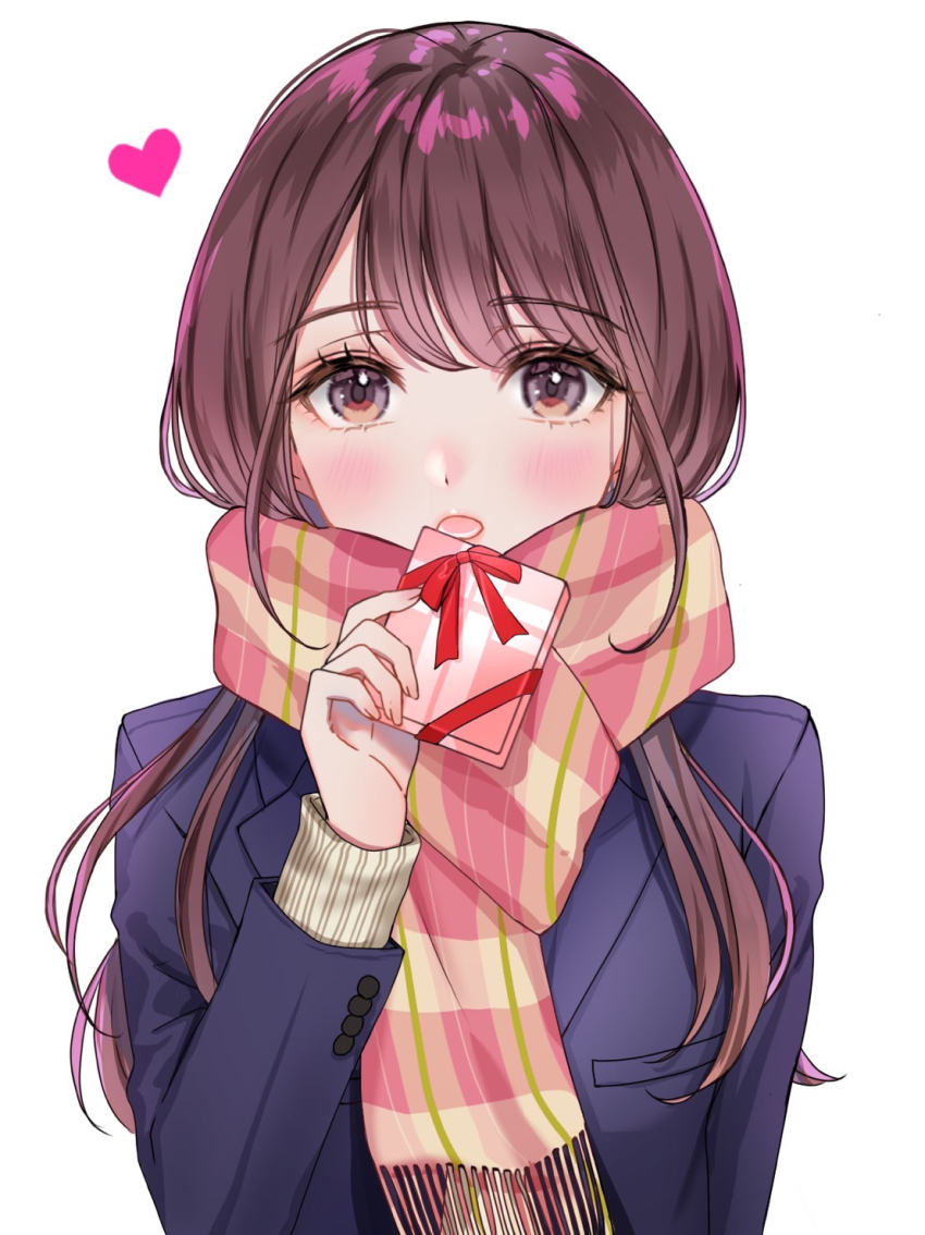 1girl, :o, banirario, blazer, blue_jacket, blush, brown_eyes, brown_hair