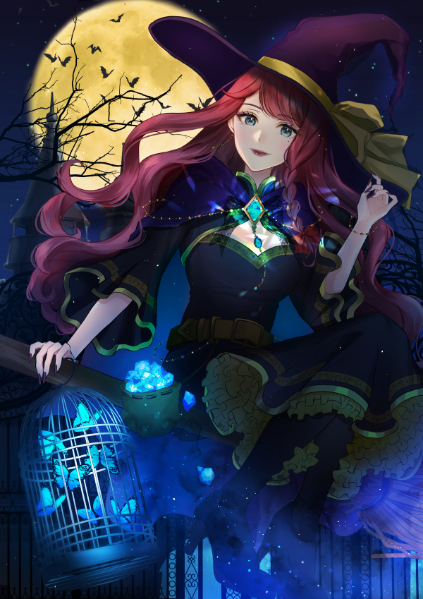 1girl, banirario, bare_tree, black_dress, black_hat, black_nails, blue_butterfly, bow