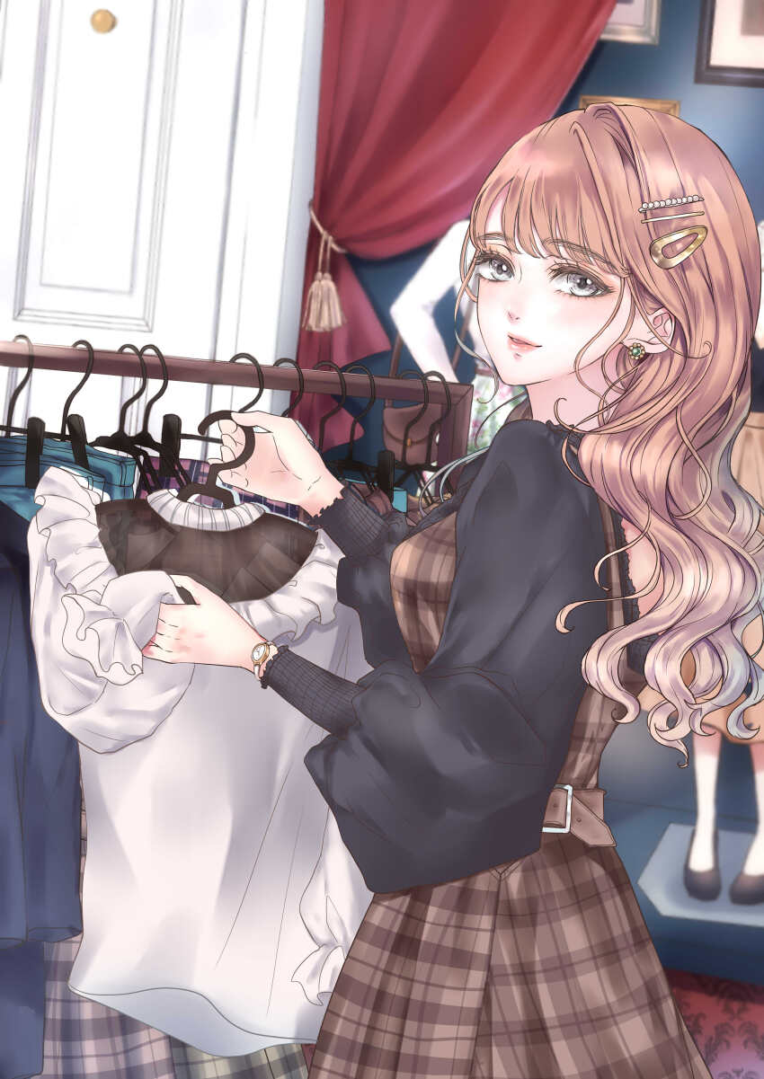 1girl, absurdres, banirario, belt, black_shirt, brown_dress, clothes_hanger, clothes_rack