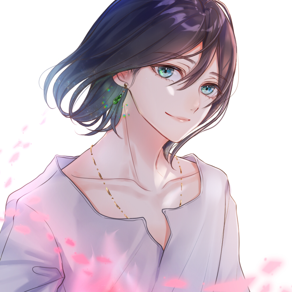 1boy, androgynous, banirario, black_hair, blue_eyes, collarbone, earrings, hair_between_eyes