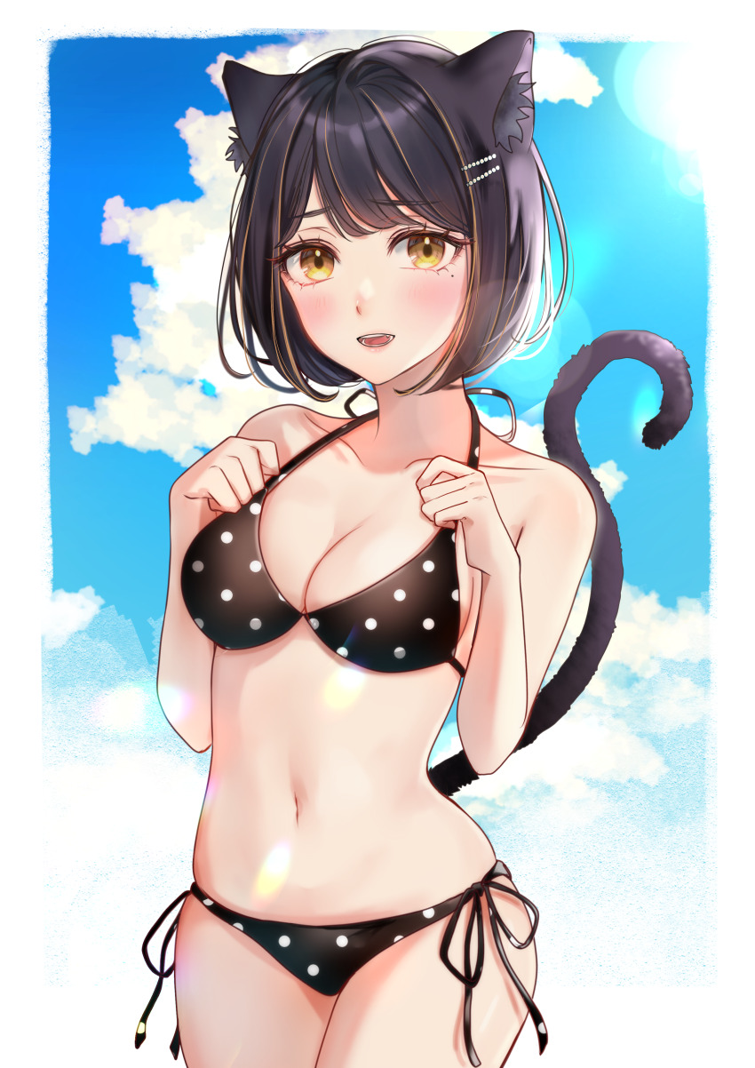1girl, :o, absurdres, animal_ears, banirario, bikini, black_bikini, black_hair, blue_sky, cat_ears, cat_tail, cloud, day, hair_ornament, hairclip, hands_up, highres, mole, mole_under_eye, navel, original, outdoors, polka_dot, polka_dot_bikini, short_hair, side-tie_bikini_bottom, sky, standing, swimsuit, tail, yellow_eyes