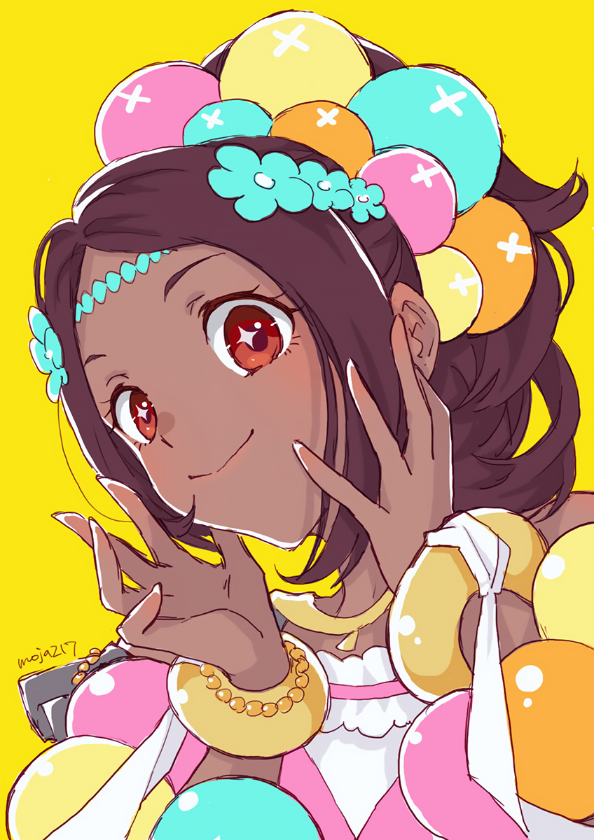 bead_bracelet, beads, bracelet, brown_hair, circlet, fire_emblem, fire_emblem_engage, gold_bracelet, hair_beads, hair_ornament, highres, jewelry, mojakkoro, nintendo, parted_bangs, ponytail, red_eyes, smile, solo, star-shaped_pupils, star_(symbol), symbol-shaped_pupils, timerra_(fire_emblem)