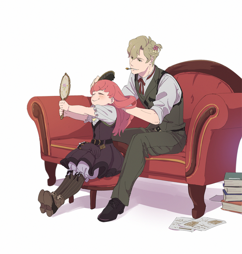 1boy, 1girl, ace_attorney, blonde_hair, book, book_stack, boots, brushing_another's_hair, brushing_hair, bubble_skirt, chair, closed_eyes, closed_mouth, couch, dress, frilled_sleeves, frills, hand_mirror, herlock_sholmes, holding, holding_mirror, iris_wilson, long_hair, mirror, mouth_hold, officinale_t, outstretched_arms, pants, paper, pink_hair, puffy_sleeves, shirt, short_hair, simple_background, sitting, skirt, smile, strapless, strapless_dress, the_great_ace_attorney, vest, white_background, white_shirt