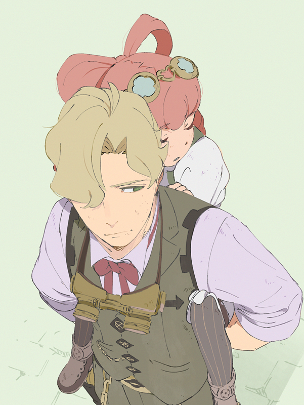 1boy, 1girl, ace_attorney, arms_behind_back, blonde_hair, bow, bowtie, carrying