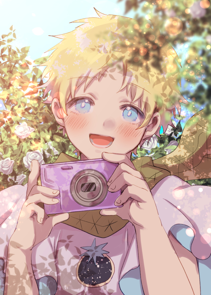 1boy, blonde_hair, blue_eyes, blush, bush, camera, child, digital_camera