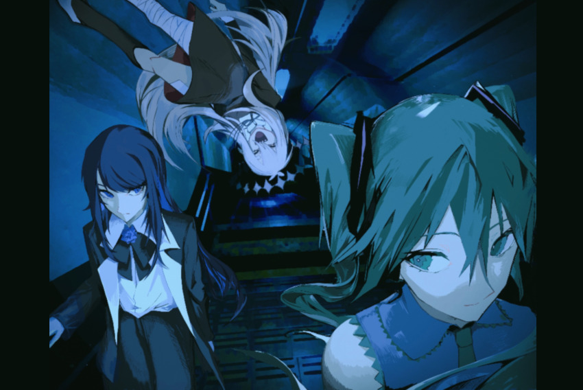 3girls, ado_(utaite), antenna_hair, aqua_hair, asymmetrical_legwear, bandage_on_thigh, bandaged_leg, bandages