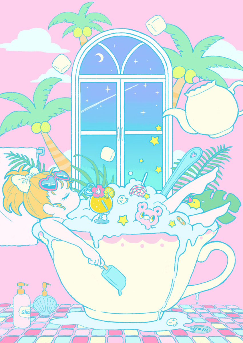 1girl, absurdres, bandaid, bath, bottle, bow, bubble_bath, candy