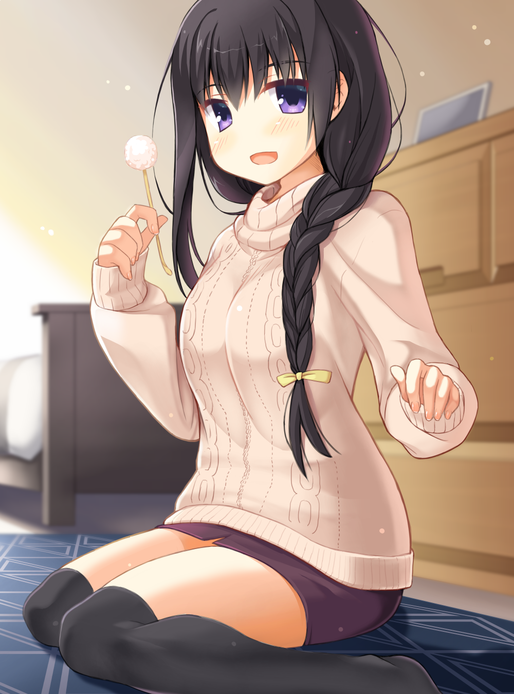1girl, black_hair, black_thighhighs, blush, bow, braid, breasts, commentary_request