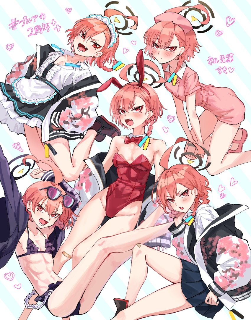 1girl, absurdres, ahoge, alternate_costume, apron, arms_up, asymmetrical_bangs, bad_id, bad_twitter_id, bandaid, bandaid_on_knee, bandaid_on_leg, bare_shoulders, belt, bikini, black_hair, blue_archive, blush, bow, bowtie, braid, breasts, center_frills, chain, closed_mouth, collar, detached_collar, dress, earrings, eyewear_on_head, fang, female_focus, frilled_bikini, frills, groin, halo, hands_in_pockets, hat, heart, highres, jacket, jacket_on_shoulders, japanese_text, jewelry, kneeling, leotard, looking_at_viewer, medium_hair, micro_bikini, miniskirt, mole, mole_under_eye, multiple_views, navel, nayuta_ggg, neru_(blue_archive), neru_(bunny)_(blue_archive), nurse, nurse_cap, official_alternate_costume, open_clothes, open_jacket, open_mouth, pink_dress, pink_shoes, playboy_bunny, pleated_skirt, red_eyes, red_hair, red_leotard, shirt, shoes, short_dress, single_braid, skirt, small_breasts, smile, sneakers, stud_earrings, sukajan, sunglasses, sunglasses_on_head, swimsuit, teeth, toned, toned_female, toned_stomach, translation_request, v-shaped_eyebrows, waist_apron, white_shirt