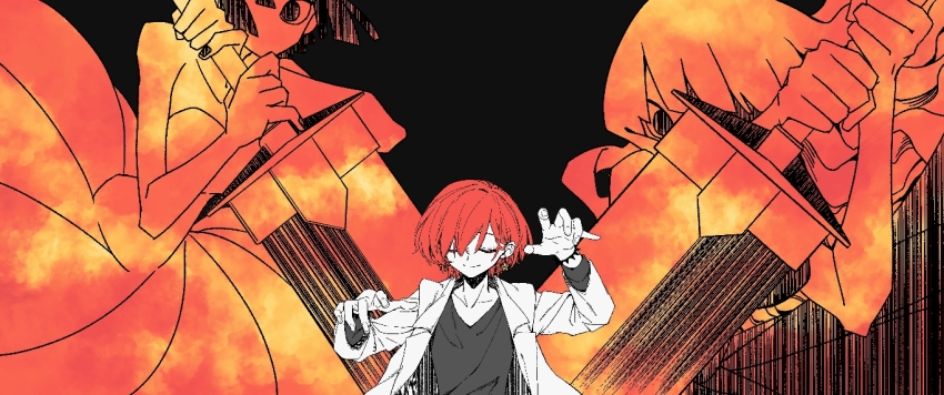 1boy, closed_eyes, dress, giant, giantess, holding, holding_weapon, instrument