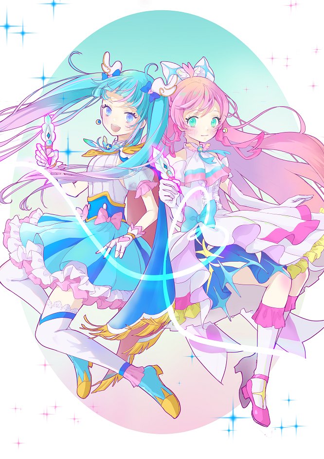 2girls, ahoge, aqua_eyes, ascot, blue_eyes, blue_hair, bow, cape, cure_prism, cure_sky, detached_sleeves, dress, earrings, elbow_gloves, fingerless_gloves, gloves, gradient_hair, hair_bow, hair_ornament, hirogaru_sky!_precure, jewelry, long_hair, magical_girl, miminaga_usagi, multicolored_hair, multiple_girls, nijigaoka_mashiro, open_mouth, pink_hair, precure, puffy_detached_sleeves, puffy_sleeves, single_sidelock, smile, sora_harewataru, two-sided_cape, two-sided_fabric, very_long_hair, white_ascot, white_bow, white_dress, white_gloves, wing_hair_ornament