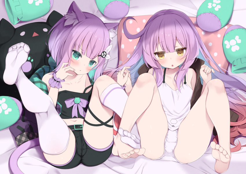 2girls, ahoge, animal_ear_fluff, animal_ears, arashiya, ass, asymmetrical_legwear, barefoot, belt, black_camisole, black_shirt, black_shorts, blue_eyes, blush, brown_eyes, camisole, cat_ears, cat_girl, cat_tail, character_request, feather_hair_ornament, feathers, feet, female_focus, full_body, hair_ornament, hairclip, hand_to_own_mouth, holding_hands, indie_virtual_youtuber, kneehighs, kneepits, legs, legs_up, loli, long_hair, looking_at_viewer, lying, messy_hair, mismatched_legwear, multiple_girls, navel, no_shoes, off_shoulder, on_back, open_clothes, open_shirt, panties, pillow, shirt, short_hair, short_shorts, shorts, shwaa, single_kneehigh, single_sock, single_thighhigh, socks, soles, spread_legs, strap_slip, tail, thighhighs, thighs, toes, underwear, virtual_youtuber, white_camisole, white_panties