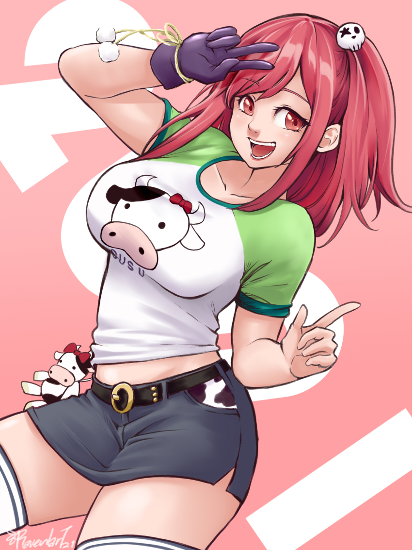 1girl, absurdres, animal_print, belt, breasts, collarbone, commentary, cow_print