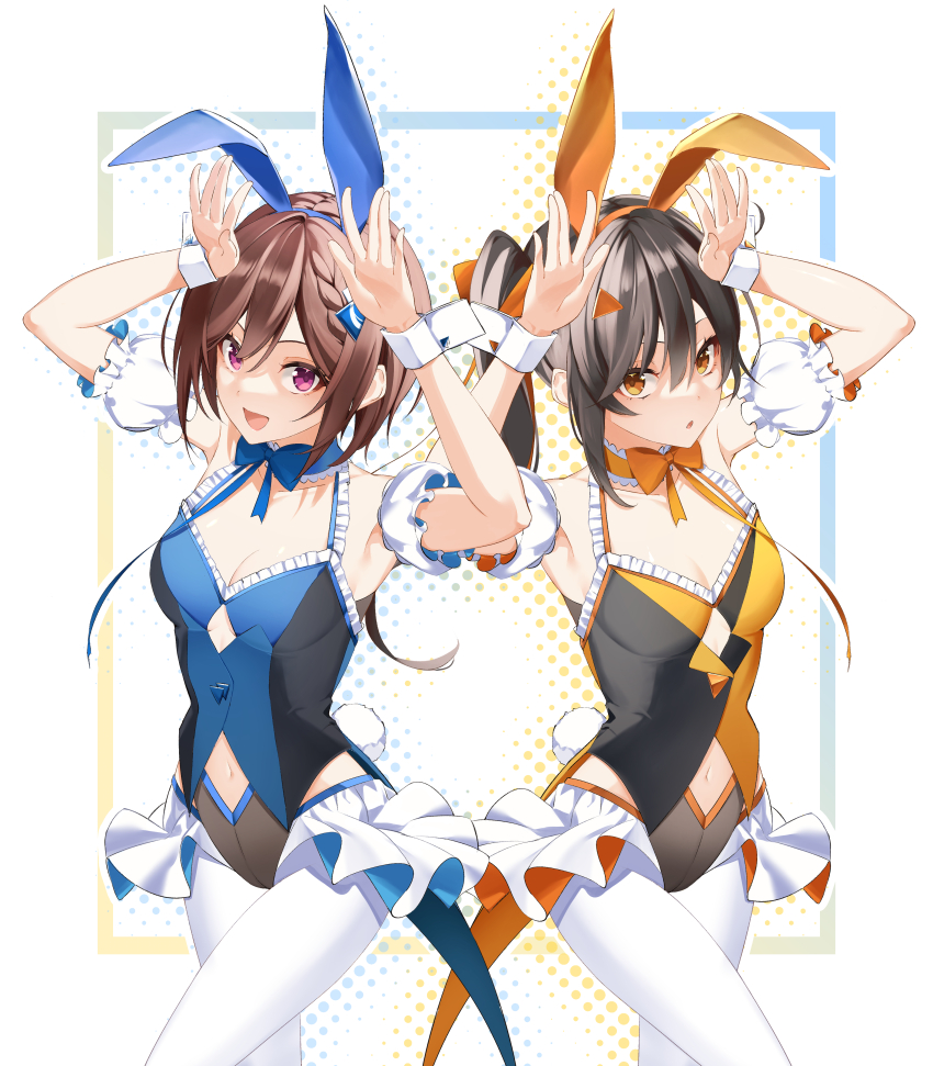 2girls, absurdres, alternate_costume, animal_ears, armpits, black_hair, brown_hair, clothing_cutout, commission, detached_sleeves, dice_gt, doumyouji_cocoa, fake_animal_ears, fake_tail, hand_up, highres, leotard, long_hair, multicolored_leotard, multiple_girls, nagase_yuka, navel_cutout, nontraditional_playboy_bunny, orange_eyes, pantyhose, pixiv_commission, playboy_bunny, purple_eyes, rabbit_ears, rabbit_tail, riot_music, short_hair, short_sleeves, side_ponytail, tail, two-tone_leotard, virtual_youtuber, wrist_cuffs