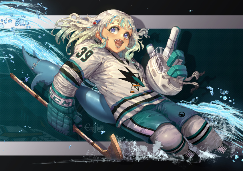 1girl, blue_eyes, blue_shorts, empikuro, fangs, fins, fish_tail, gawr_gura, gloves, hair_ornament, hairpin, helmet, highres, hockey_mask, hockey_stick, hololive, hololive_english, ice_skates, ice_skating, jersey, logo, mask, multicolored_hair, name_connection, national_hockey_league, open_mouth, san_jose_sharks, shark, shark_girl, shark_hair_ornament, shark_tail, sharp_teeth, shorts, skates, skating, smile, sportswear, streaked_hair, tail, teeth, virtual_youtuber, water, white_hair, white_uniform