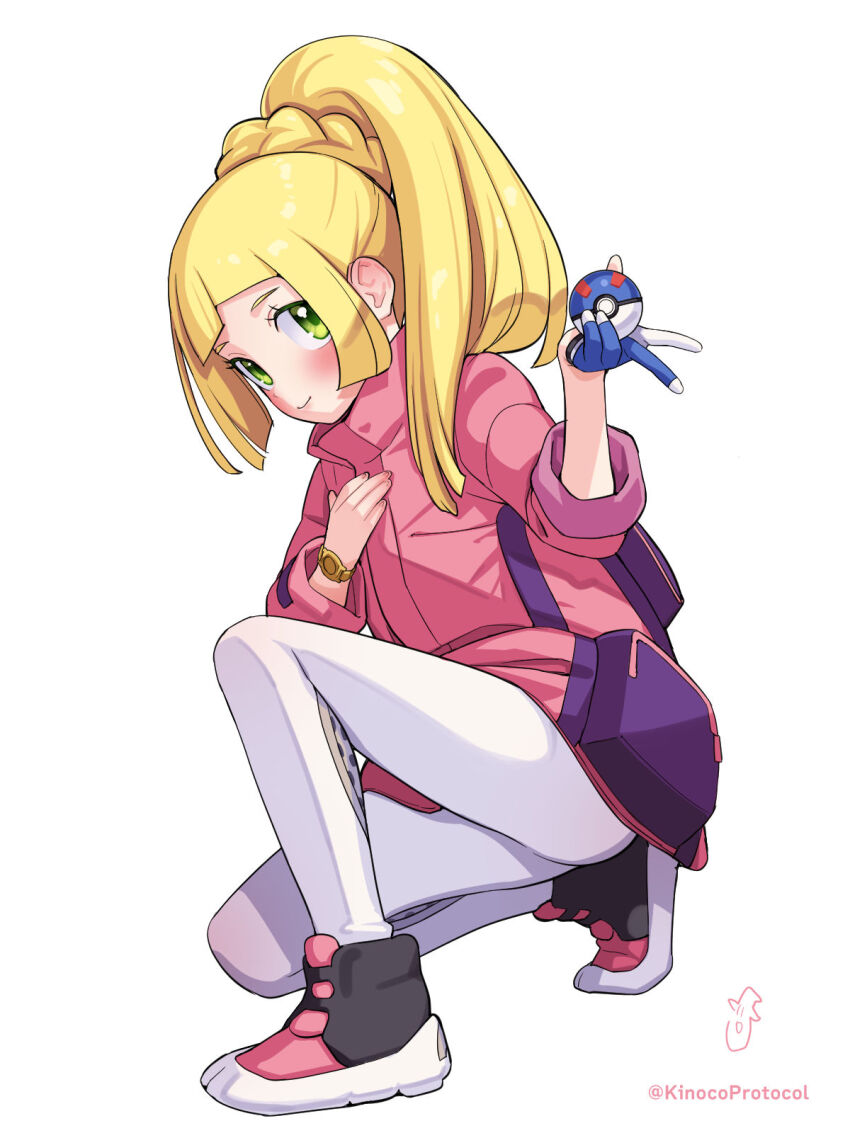 1girl, bede_(pokemon), bede_(pokemon)_(cosplay), black_boots, blonde_hair, blush, boots, braid, closed_mouth, coat, commentary, cosplay, eyelashes, from_side, gloves, great_ball, green_eyes, highres, holding, holding_poke_ball, kinocopro, lillie_(pokemon), long_hair, looking_at_viewer, nintendo, on_one_knee, pants, partially_fingerless_gloves, pink_coat, poke_ball, pokemon, pokemon_sun_and_moon, pokemon_sword_and_shield, ponytail, ponytail_with_braided_base, simple_background, single_glove, smile, solo, twitter_username, watch, watermark, white_background, white_pants, wristwatch