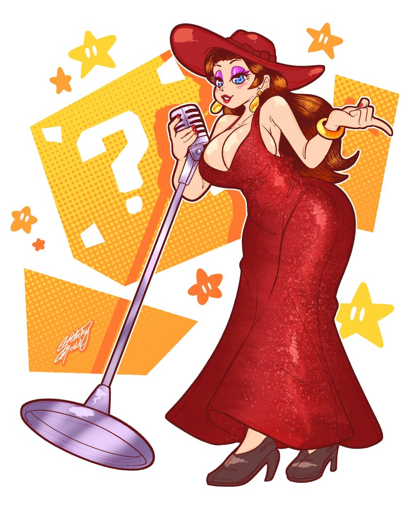 1girl, bare_shoulders, blue_eyes, breasts, brown_hair, cleavage, donkey_kong_(series), dress