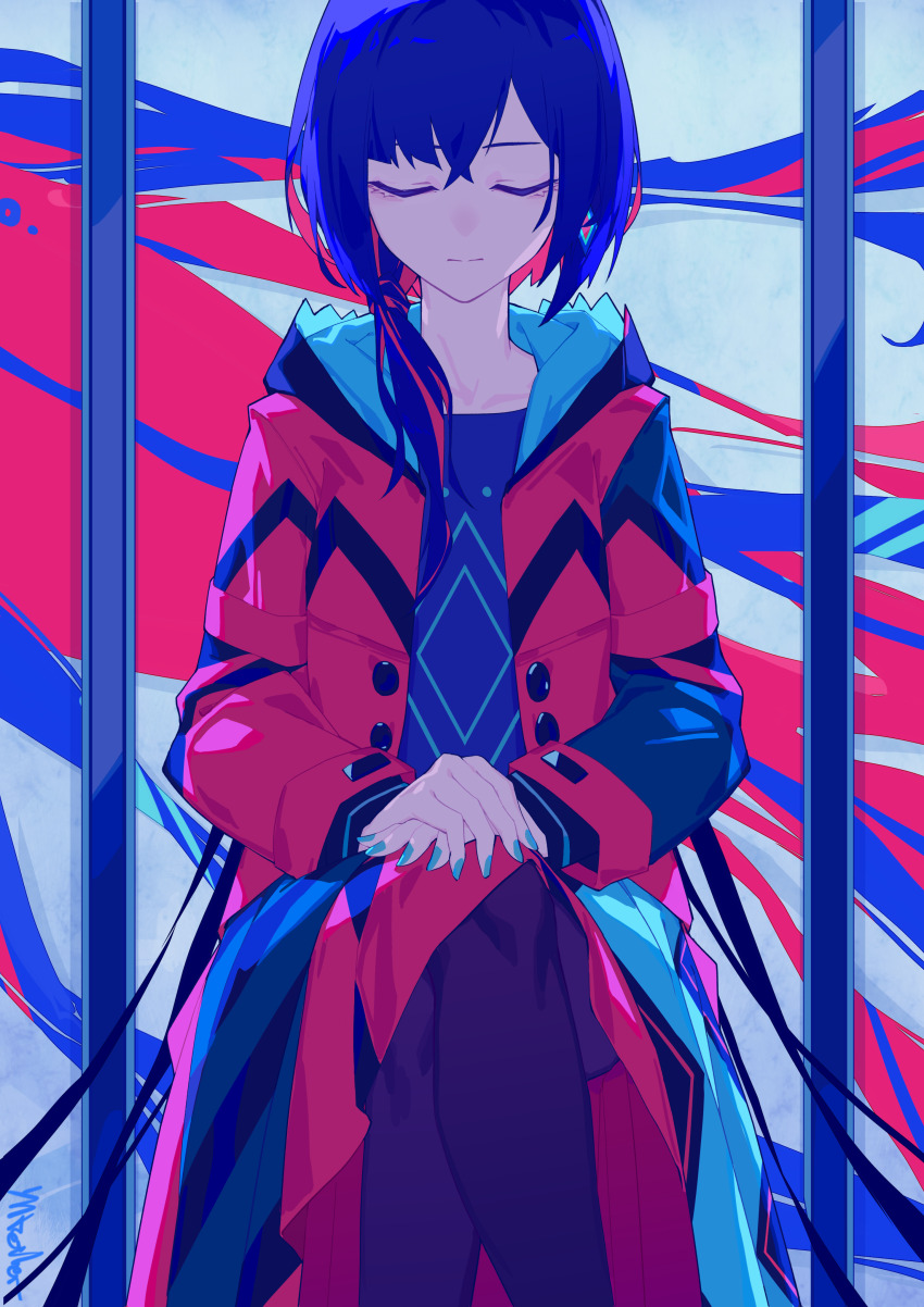 1girl, absurdres, alternate_hairstyle, animal, aqua_nails, black_pantyhose, black_shirt, blue_hair, closed_eyes, closed_mouth, collarbone, colored_inner_hair, commentary, crossed_bangs, crossed_legs, diamond_(shape), diamond_earrings, earrings, english_commentary, fagun_yibei, feet_out_of_frame, fish, hair_over_shoulder, hands_on_own_knees, hastur_(kamitsubaki_studio), highres, hood, hood_down, hooded_jacket, jacket, jewelry, kamitsubaki_studio, low_ponytail, medium_hair, multicolored_hair, open_clothes, open_jacket, oversized_animal, own_hands_together, pantyhose, ponytail, red_hair, red_jacket, rim_(kamitsubaki_studio), shirt, signature, single_earring, sitting, solo, virtual_youtuber, window