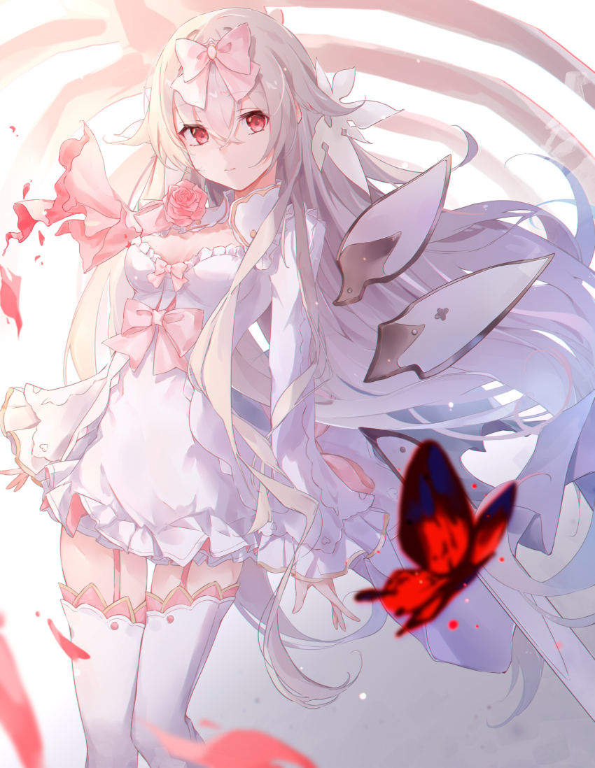 1girl, arcaea, bai-hyacinth, blurry, bow, breasts, bug, butterfly, closed_mouth, commentary_request, crossed_bangs, depth_of_field, dress, feet_out_of_frame, flower, garter_straps, grey_hair, hair_between_eyes, hair_bow, hair_flaps, highres, hikari_(arcaea), hikari_(fatalis)_(arcaea), insect, long_bangs, long_hair, long_sleeves, looking_at_viewer, pink_bow, pink_flower, pink_garter_straps, pink_rose, red_eyes, rose, sleeves_past_wrists, small_breasts, solo, thighhighs, thighs, very_long_hair, white_dress, white_thighhighs