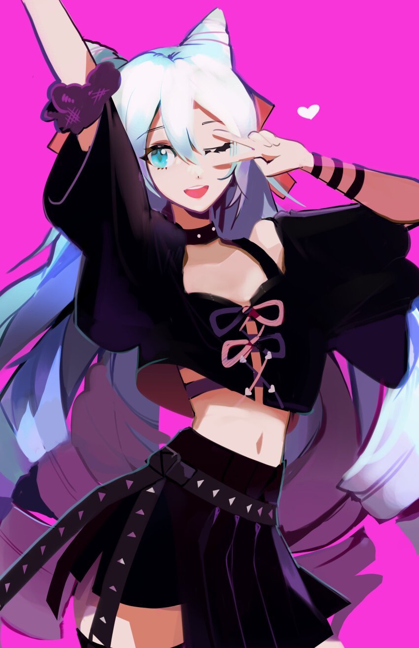 1boy, absurdres, arm_up, black_choker, black_shirt, black_skirt, blue_eyes, blue_hair