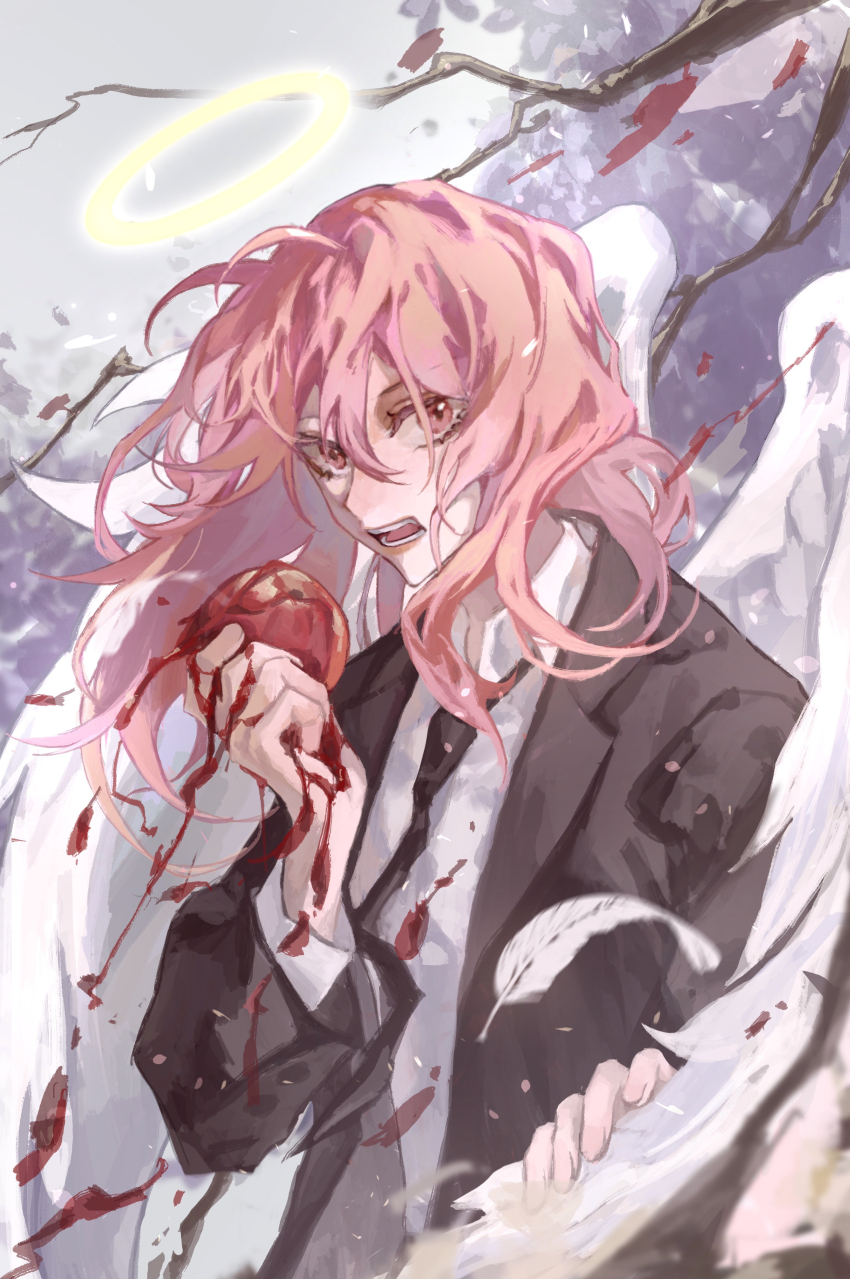 1girl, absurdres, angel_devil_(chainsaw_man), angel_wings, black_jacket, black_necktie, blood, blurry, branch, chainsaw_man, collared_shirt, commentary, english_commentary, feathered_wings, feathers, formal_clothes, hair_between_eyes, halo, hand_up, highres, holding, jacket, long_hair, long_sleeves, looking_at_viewer, necktie, open_clothes, open_jacket, outdoors, red_eyes, red_hair, shirt, solo, suit, upper_body, white_shirt, white_wings, wings, zuosha