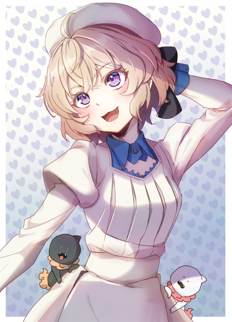 1girl, ahoge, arm_behind_head, arm_up, beret, black_ribbon, blush, creature