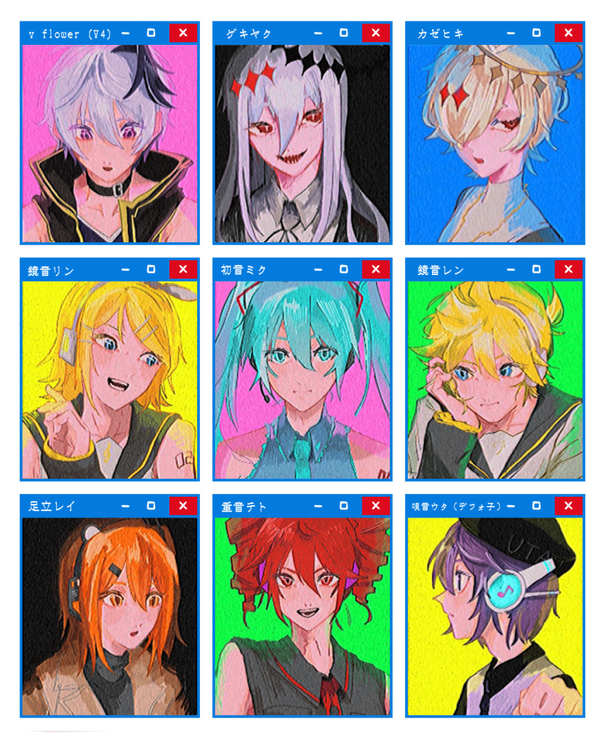 2boys, 6+girls, a.i._voice, adachi_rei, aqua_eyes, aqua_hair, aqua_necktie, beret