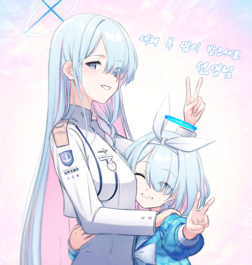 2girls, arona_(blue_archive), blue_archive, blue_hair, bow, bow_hairband, braid, colored_inner_hair