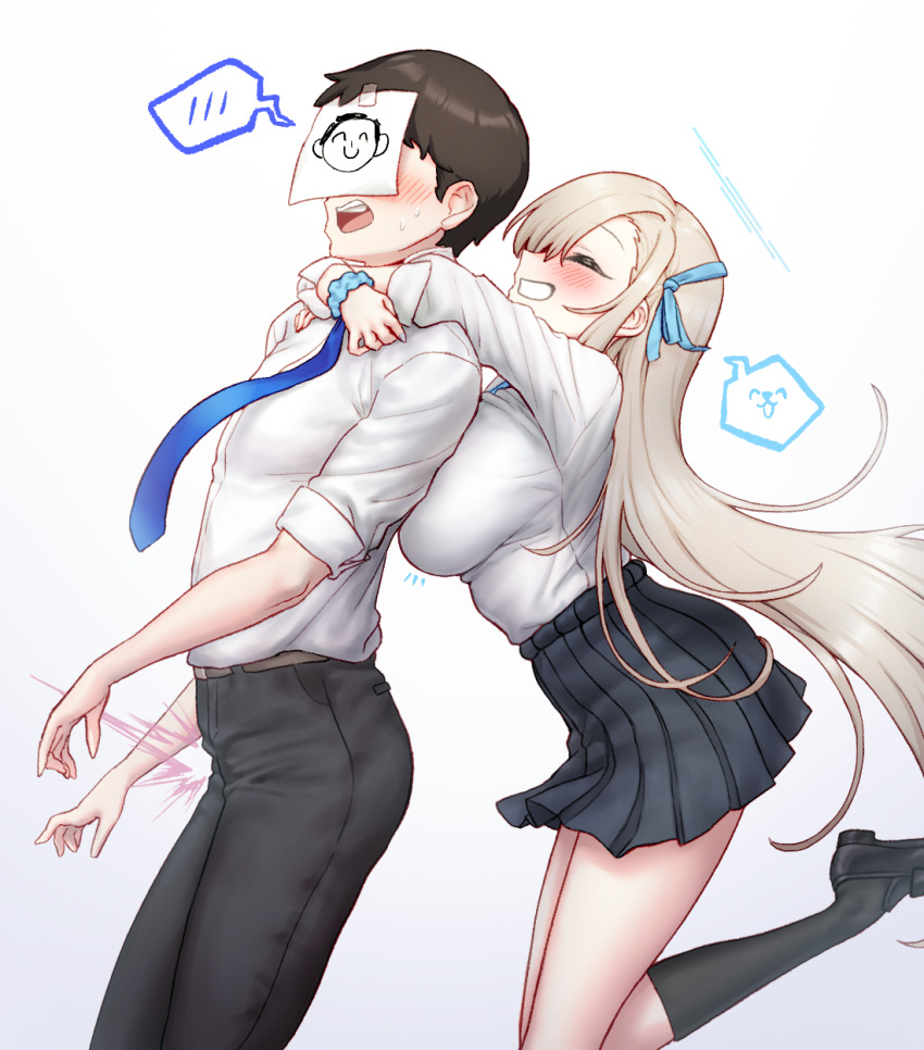 1boy, 1girl, asuna_(blue_archive), asymmetrical_bangs, blue_archive, blue_necktie, blue_scrunchie, blush