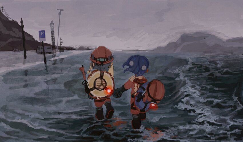 2others, ambiguous_gender, asymmetrical_sidelocks, beach, blonde_hair, blue_hair, boots, braid, car, dark_skin, dr_mice, facing_away, full_body, gloves, hard_hat, hat, headlamp, helmet, highres, holding_hands, inkling, inkling_player_character, innertube, jumpsuit, lifebuoy, motor_vehicle, mountainous_horizon, multiple_others, nintendo, ocean, octoling, octoling_player_character, orange_jumpsuit, overcast, parking_lot, parking_permissive_sign, pointy_ears, reflection, reflective_liquid, rubber_boots, rubber_gloves, salmon_run_(splatoon), shore, short_hair, side_braid, sidelocks, sky, splatoon_(series), splatoon_3, swim_ring, tentacle_hair, unworn_hat, unworn_headwear, van, walking, waves