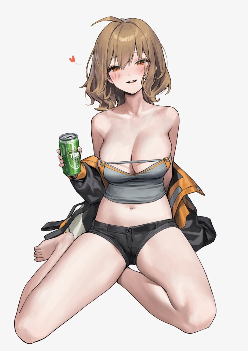 1girl, ahoge, alcohol, anis_(nikke), bare_legs, bare_shoulders, barefoot, beer