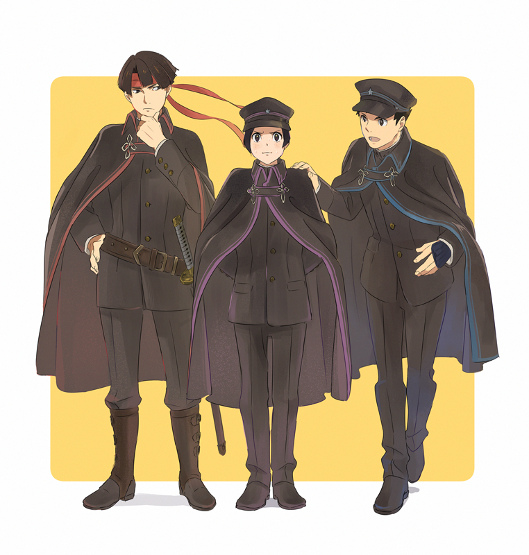 1girl, 2boys, ace_attorney, belt, black_hair, black_jacket, black_pants, brown_belt
