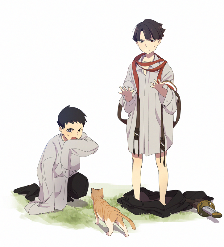 2boys, ace_attorney, aged_down, black_eyes, black_hair, black_pants, cat, closed_mouth