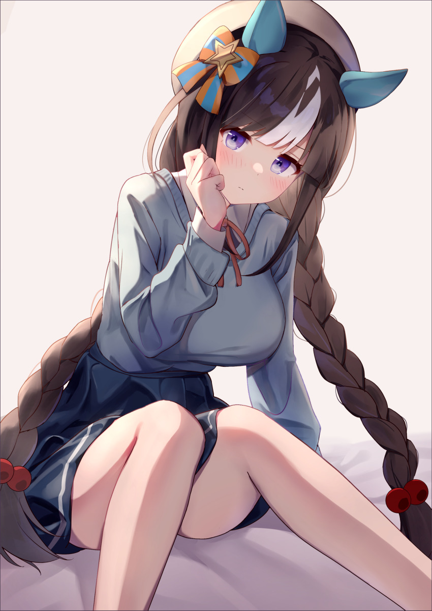 1girl, absurdres, animal_ears, beret, blue_skirt, blue_sweater, blunt_bangs, blush