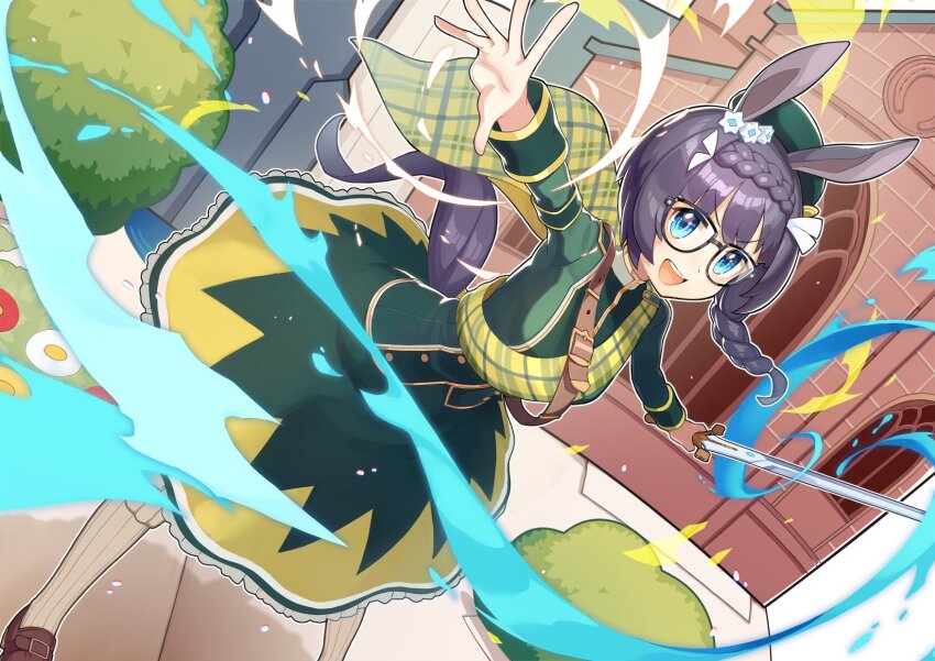 1girl, :d, bag, beret, black-framed_eyewear, black_hair, blue_eyes, braid