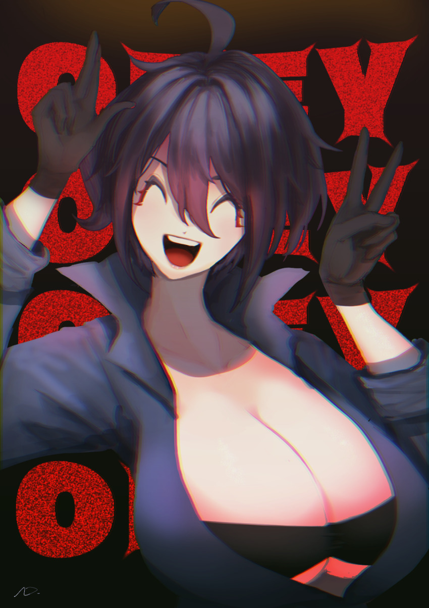 1girl, black_gloves, black_hair, blue_jumpsuit, breasts, cleavage, closed_eyes, collarbone, gloves, hair_between_eyes, highres, huge_breasts, indie_virtual_youtuber, jumpsuit, kataochi_chuuko, large_breasts, long_bangs, open_jumpsuit, open_mouth, piz_doll, short_hair, solo, standing, strapless, tube_top, upper_body, v, virtual_youtuber