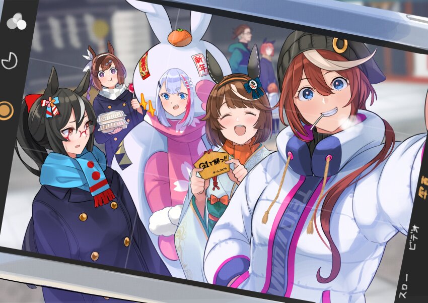 1boy, 6+girls, :d, ^_^, absurdres, aged_up, alternate_costume, alternate_hair_length, alternate_hairstyle, animal_costume, animal_ears, beanie, black_hair, black_hairband, black_headwear, blue_eyes, blue_scarf, blurry, blurry_background, bow, brown_eyes, brown_hair, cellphone, chinese_zodiac, closed_eyes, do_deuce_(racehorse), down_jacket, ear_covers, ema, equinox_(racehorse), father_and_child, father_and_daughter, food, fruit, genderswap, genderswap_(mtf), glasses, grey_hair, hair_bow, hair_over_shoulder, hairband, hat, highres, holding, holding_ema, holding_food, horse_ears, horse_girl, horseshoe_ornament, husband_and_wife, jacket, japanese_clothes, kimono, long_hair, looking_at_another, looking_at_viewer, mandarin_orange, meikei_yell_(racehorse), mother_and_child, mother_and_daughter, multicolored_hair, multicolored_hairband, multiple_girls, open_mouth, orange_hairband, original, parent_and_child, personification, phone, pink_scarf, plaid_clothes, plaid_scarf, ponytail, rabbit_costume, red-framed_eyewear, red_bow, scarf, selfie, smartphone, smile, sodashi_(racehorse), streaked_hair, team_spica's_trainer, thick_eyebrows, tokai_teio_(umamusume), tracen_winter_coat, trainer_(umamusume), two-tone_hair, two-tone_hairband, umamusume, white_hair, white_hairband, white_jacket, white_kimono, white_scarf, year_of_the_rabbit, yokoji_(kodai2015)