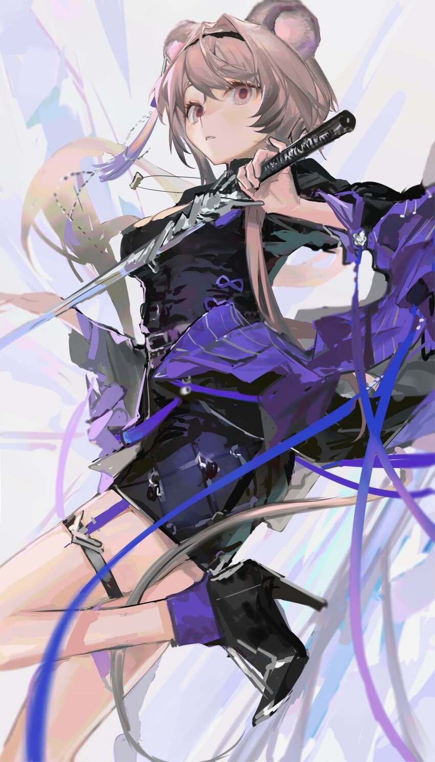 1girl, absurdres, animal_ears, arknights, black_dress, black_footwear, breasts, brown_hair