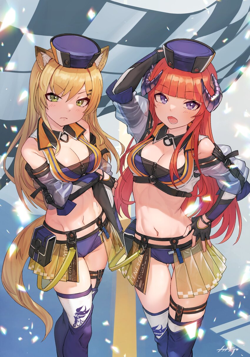 2girls, absurdres, animal_ears, arknights, arm_up, arpeggio_kaga, bagpipe_(arknights), bagpipe_(arknights)_(cosplay), bagpipe_(queen_no._1)_(arknights), bare_shoulders, belt_pouch, black_gloves, blonde_hair, blue_headwear, blue_shorts, blue_thighhighs, blunt_bangs, breast_hold, breasts, cleavage, clothing_cutout, commission, cosplay, crop_top, fingerless_gloves, frown, gloves, gluteal_fold, green_eyes, hand_on_own_hip, hat, highres, horn_(arknights), horns, long_hair, long_sleeves, looking_at_viewer, medium_breasts, micro_shorts, midriff, miniskirt, multiple_girls, navel, official_alternate_costume, open_mouth, orange_hair, pleated_skirt, pouch, purple_eyes, race_queen, revealing_clothes, see-through_clothes, shorts, shoulder_cutout, showgirl_skirt, skeb_commission, skirt, standing, stomach, tail, thigh_gap, thigh_strap, thighhighs, thighs, v-shaped_eyebrows, white_thighhighs, wing_collar, wolf_ears, wolf_tail