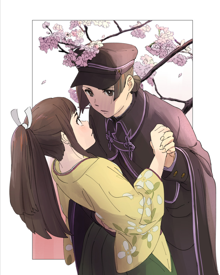 2girls, ace_attorney, black_hair, black_headwear, black_jacket, blush, branch, brown_eyes, capelet, cherry_blossoms, crossdressing, crossdressing_(ftm), floral_print, flower, green_hakama, hair_ribbon, hakama, hand_on_another's_back, highres, holding_hands, jacket, japanese_clothes, kimono, long_hair, long_sleeves, looking_at_another, multiple_girls, official_alternate_costume, officinale_t, petals, ponytail, rei_membami, ribbon, ryutaro_naruhodo, short_hair, skirt, susato_mikotoba, the_great_ace_attorney, the_great_ace_attorney_2:_resolve, yellow_kimono